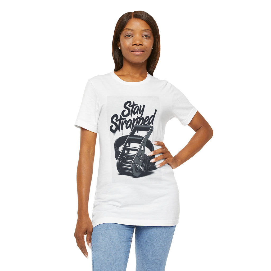 Stay Strapped T‑Shirt — Ratchet Strap Graphic Tee for Gearheads & Outdoor Enthusiasts